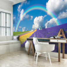 Eine Fototapete eines Blumenfeldes unter einem Regenbogen, die eine farbenfrohe und lebendige Atmosphäre vermittelt.