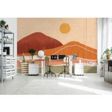 Fototapete mit einer Boho-Landschaft in neutralen Tönen. Ideal für ein stilvolles Büro.