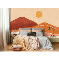 Fototapete mit einer Boho-Landschaft in warmen Farben und weichen Linien. Diese Fototapete ist in einem Schlafzimmer zu sehen.
