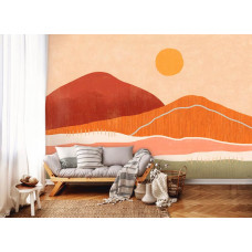 Fototapete mit einer Boho-Landschaft in Erdtönen. Diese Fototapete kann man in einem Wohnzimmer sehen.