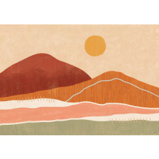 Fototapete mit einer Boho-Landschaft mit sanften Hügeln in Erdtönen und weichen Linien.