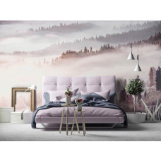 Fototapete mit Bäumen in einer nebligen Waldlandschaft im Schlafzimmer.