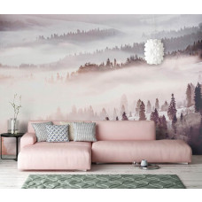 Fototapete mit Bäumen in einer nebligen Waldlandschaft im Wohnzimmer.