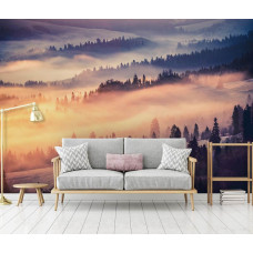Eine Fototapete mit einer nebligen Waldlandschaft und Bäumen, zu sehen im Wohnraum.