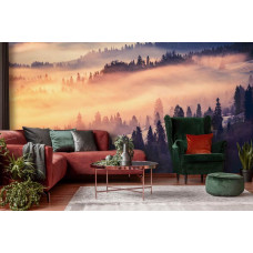 Eine Fototapete mit einer nebligen Waldlandschaft und Bäumen.