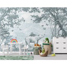 Ein Kinderzimmer mit Waldtieren Tapete in grün mit einem Bären und andere Waldtiere durch den Wald umgeben.