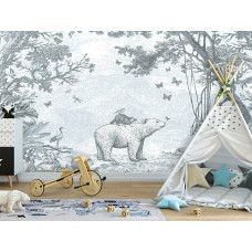 Waldtiere Tapete in grün mit einem Bären und andere Waldtiere durch den Wald umgeben, im Kinderzimmer gezeigt.