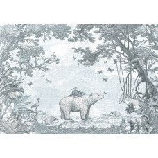 Waldtiere Tapete in grün mit einem Bären und andere Waldtiere durch den Wald umgeben.