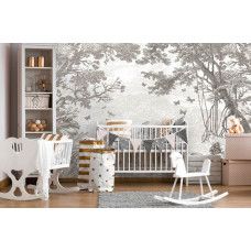 Waldtier-Tapete in Taupe im Kinderzimmer mit einem Bären und anderen Waldtieren in einer waldähnlichen Umgebung