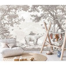 Waldtier-Tapete in Taupe mit einem Bären und anderen Waldtieren in einer waldähnlichen Umgebung