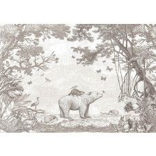 Waldtier-Tapete in Taupe mit einem Bären und anderen Waldtieren in einer waldähnlichen Umgebung