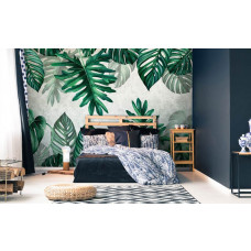 Eine botanische Tapete mit Dschungelblättern und Dschungelzimmer-Stil, geeignet für das Schlafzimmer.