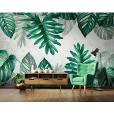 Eine botanische Tapete mit Dschungelblättern und Dschungelzimmer-Stil, um im Wohnzimmer zu sehen.