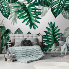Eine botanische Fototapete mit Dschungelblättern, geeignet für das Schlafzimmer.