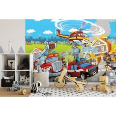 Eine Feuerwehrtapete mit Fahrzeugen für Kinderzimmer und Jungenzimmer.