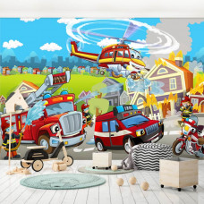 Eine Feuerwehrtapete mit Fahrzeugen für Kinderzimmer und Spielzimmer.