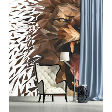 Eine Fototapete mit einem brüllenden Löwen in einer künstlerischen Umgebung für das Wohnzimmer.