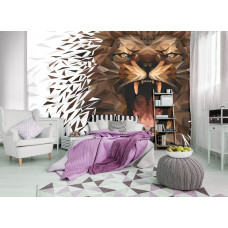 Eine Fototapete mit einem brüllenden Löwen in einer künstlerischen Umgebung für das Schlafzimmer.