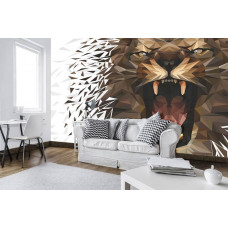 Eine Fototapete mit einem brüllenden Löwen in einer künstlerischen Umgebung für das Wohnzimmer.