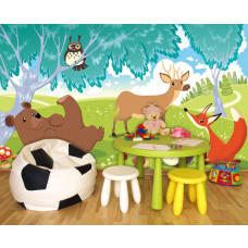 Eine Fototapete mit Waldtieren für Kinder im Babyzimmer und Kinderzimmer.