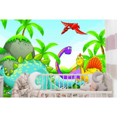 Eine Dino-Fototapete mit einer abenteuerlichen Dinosaurierwelt in Vliestapete.