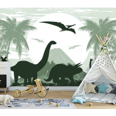 Eine Fototapete mit Dinosauriern für ein Babyzimmer.