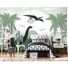 Eine Fototapete mit Dinosauriern für ein Kinderzimmer und Jungenzimmer.