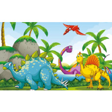 Eine Dino-Fototapete mit verschiedenen Dinosauriern, die sich durch eine üppige Landschaft bewegen, perfekt für Kinderzimmer.