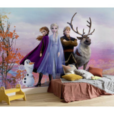Ein Disney Frozen Fototapete mit ikonischen scčnes und Helden aus dem Film im Kinderzimmer.