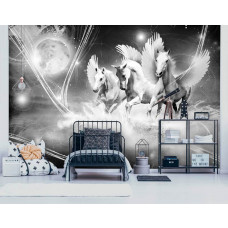 Eine Einhorn-Fototapete mit Einhörnern für das Kinderzimmer.