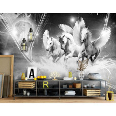 Eine Einhorn-Fototapete mit Einhörnern für das Wohnzimmer.