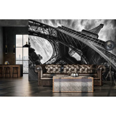 Eine Tapete des Eiffelturms mit dem Pariser Gebäude für eine Mancave oder eine Bar.