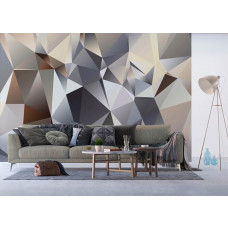 Eine 3D-Fototapete mit abstrakten Formen in Grautönen, ideal für einen modernen Look in einem Wohnzimmer.