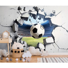 Fotobehang 3D Effect met Voetbal en Stadion in een kinderkamer, waar de dynamische actie en het doorbrekende beton zorgen voor een indrukwekkend geheel.