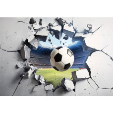 Fotobehang met een voetbal die met kracht door een betonnen muur breekt, met een stadion op de achtergrond en realistisch 3D-effect.