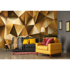 Eine Fototapete mit geometrischen goldenen Formen in einem Wohnzimmer.