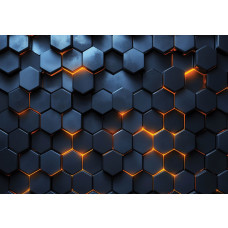 Fotobehang met een modern 3D-patroon van zwarte hexagons en gloeiende oranje lichtaccenten tussen de zeshoeken.