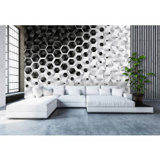Fototapete mit silbernen Sechseckformen, geometrisches Muster für das Wohnzimmer.