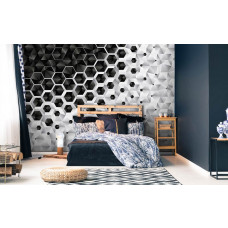 Fototapete mit 3D Sechsecken aus silbernem Metall, geeignet für das Schlafzimmer.