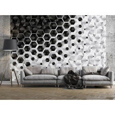 Fototapete mit einem 3D Muster aus silbernen Sechsecken, geometrisch und modern im Wohnzimmer.