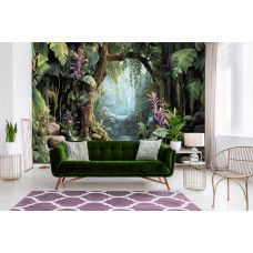 Fototapete von einem Dschungel mit einem Wasserfall und exotischen Pflanzen, dargestellt in einem beeindruckenden 3D-Effekt, der Tiefe und Abenteuer zum Wohnzimmer hinzufügt.