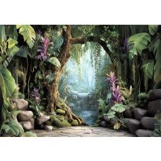 Fototapete von einem Dschungel mit einem Wasserfall und exotischen Pflanzen, dargestellt in einem beeindruckenden 3D-Effekt, der Tiefe und Abenteuer hinzufügt.