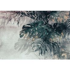 Fotobehang met 3D Monstera palm bladeren op betonachtergrond in groene tinten