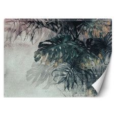 Fotobehang met 3D Monstera palm bladeren op betonachtergrond in groene tinten