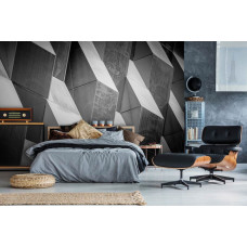 Fototapete mit 3D-Muster und geometrischem Effekt im Schlafzimmer.