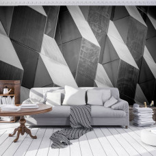 Fototapete mit 3D-Muster und geometrischem Effekt im Wohnzimmer.