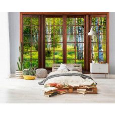 Eine Fototapete mit 3D-Fensterblick auf einen Birkenwald mit Bäumen in einem Kinderzimmer.