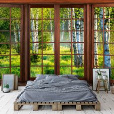 Eine Fototapete mit 3D-Fensterblick auf einen Birkenwald im nahtlosen Design für ein Schlafzimmer.