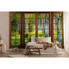 Eine Fototapete mit 3D-Fensterblick auf einen Birkenwald in einem beruhigenden Schlafzimmer.