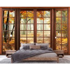 Eine Fototapete mit einer Herbstlandschaft mit fallenden Blättern, ideal für ein Schlafzimmer.